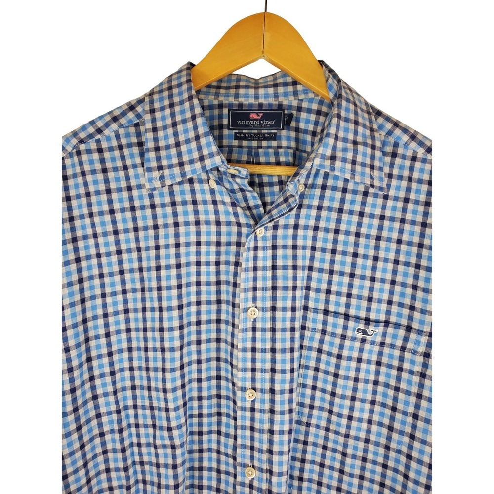 Vineyard Vines Slim Fit Tucker Shirt XL Blue Check Button Front Cotton